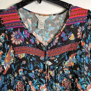 Multiples Boho Floral Peasant Top Black Multicolor V-Neck 3/4 Sleeve Size L